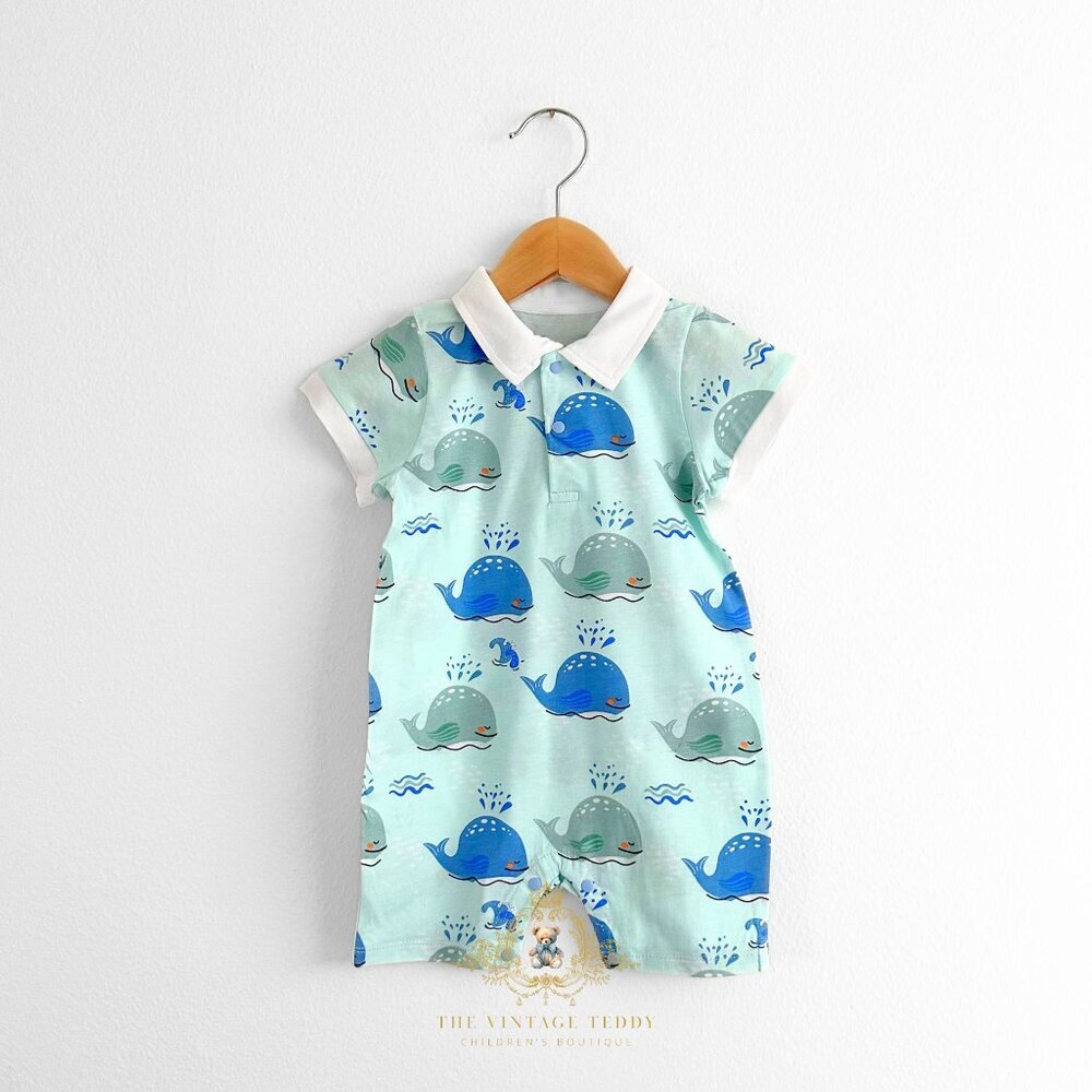 NWT Cute Boys Oxford Romper One-Piece Outfit Short Sleeve Little Whale 9-12M
